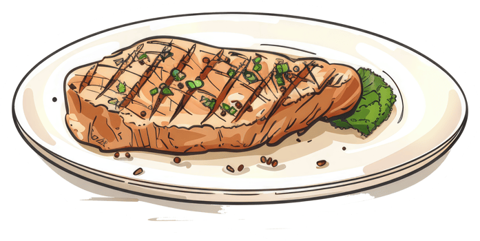 A grilled steak with herbs presented on a white plate png