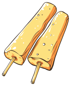Two colorful oblong frozen treats served on wooden sticks png