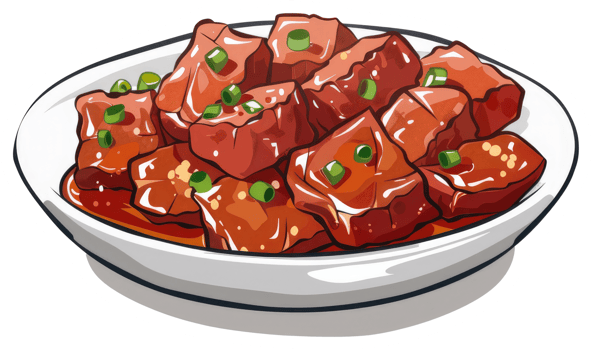 Cubed meat dish garnished with green onion served on a plate png