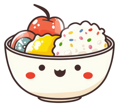 A cute cartoon bowl filled with tasty colorful dessert items png