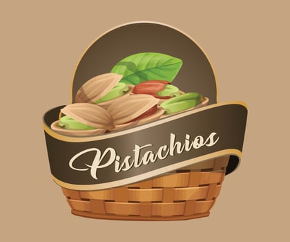 pistachios nut jar sticker in the form of a wicker basket on a light brown background vector