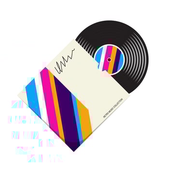 Vinyl record partially emerging from a cardboard sleeve, illustration in retro style. Neon colored packaging and retro music disk on white vector