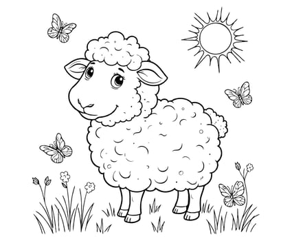 Fluffy Sheep in Sunny Field Coloring Page for kids vector