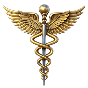 Caduceus medical icons with golden snakes and wings png