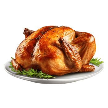 Golden roasted turkey served on a white platter png