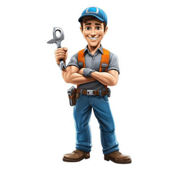 Friendly hyman in blue overalls holding a wrench confidently png
