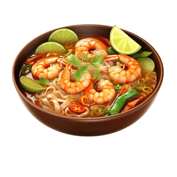 Bowl of shrimp noodle soup lime png