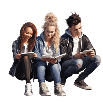 Group of three young people studying using technology png