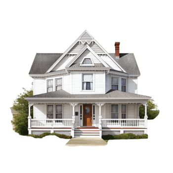 Charming white Victorian style house a large porch green lawn png