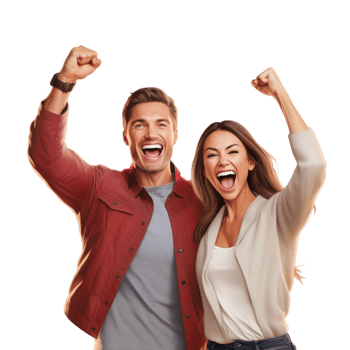 Happy couple cheering excitement raising their fists in the air png