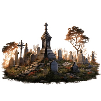 Ancient graveyard tall tombstones surrounded by trees in autumn png