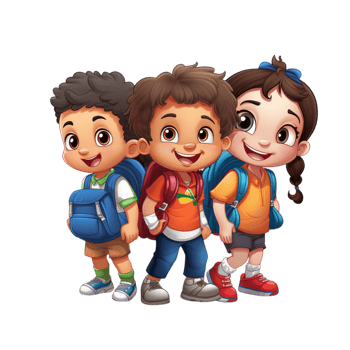 Three cheerful school children wearing backpacks smiling ly png