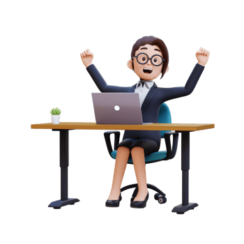 A woman in a business suit is sitting at a desk with a laptop and a plant png