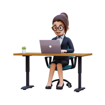 A woman is sitting at a desk with a laptop and a plant png