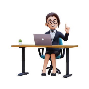 A woman in a business suit sits at a desk with a laptop and a plant png