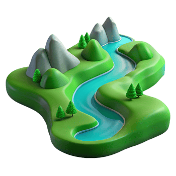 serene rustic A Winding River Flowing Through a Green Val detailed png