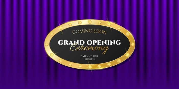 Grand Opening banner design background. Violet draped curtain, golden text and frame. Elegant illustration for your business vector