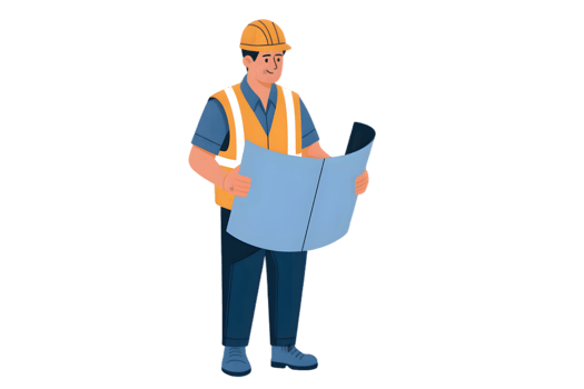 Construction worker reviewing blueprints, ready for use. png