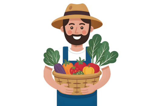Happy Farmer Holds a Basket Full of Fresh Produce png