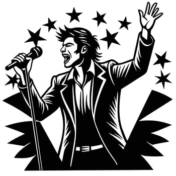 A man singing into a microphone with stars in the background vector