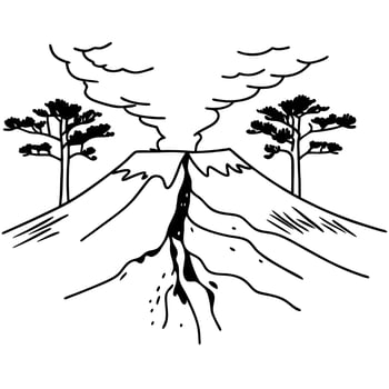Erupting volcano with trees, smoke rising natural disaster, volcanic activity, mountain landscape vector