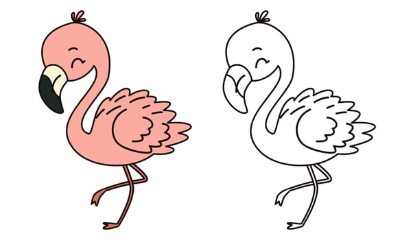Flat illustration for children's coloring book. Cute flamingo in black and white and color. Wild animals of safari and Africa vector