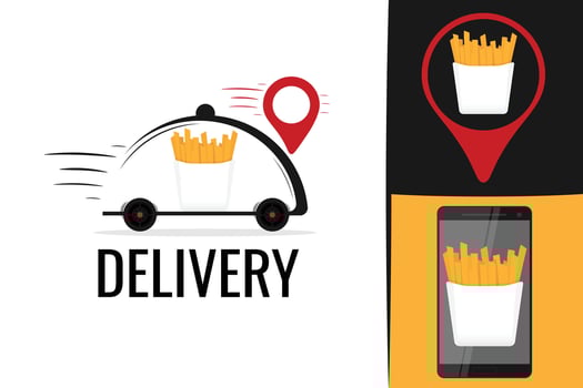 American Fast food french fries delivery logo. Fast fries logotype. Potato fries delivery vector