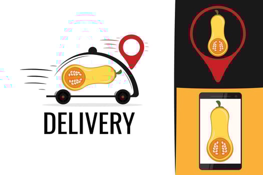 Autumn vegetable pumpkin delivery logo. Farm pumpkins delivery service logotype. vector