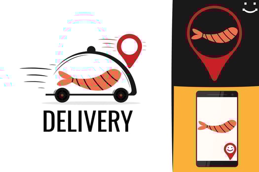 Red shrimp delivery logo. Seafood prawn delivery service logotype. vector