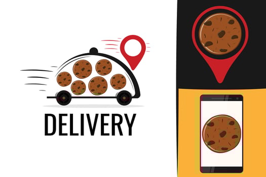 Delivery cookie logo. Sweet treat vehicle symbol. Online order graphic vector