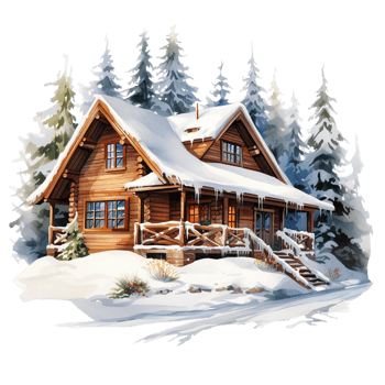 Cozy wooden cabin surrounded by snow covered pine trees png