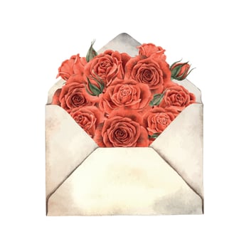 Bouquet of red bright velvet roses with green leaves in a paper vintage envelope. Watercolor illustration is suitable for decorating flower shops, weddings, Valentine's Day, postcards, packaging. vector