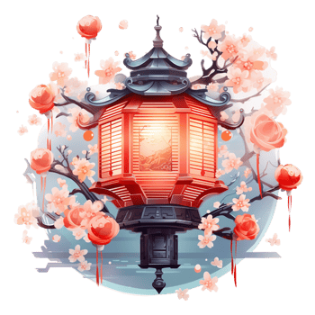 Glowing red lantern surrounded by blooming cherry blossoms png
