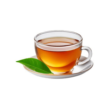 Glass cup of tea with green tea leaf on transparent background png
