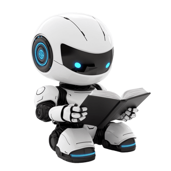 Cute friendly robot reading a book 3d illustration isolated on transparent background png