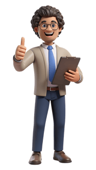3D Cartoon Character with Curly Brown Hair, Glasses, and Business Suit Giving Thumbs Up on Transparent Background png