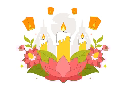 Vesak Day Festival Art with Temple Silhouette, Lanterns, and Buddha Meditation in Flat Style vector