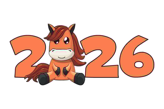 Chinese New Year 2026 in cartoon style with Sitting orange horse. Horse Character. Animal themed. 2026 New Year vector