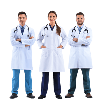 Three confident doctors sting together in white lab coats png