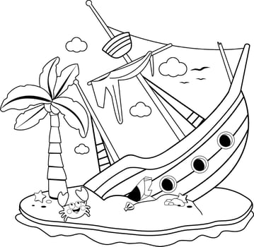Shipwreck on an island. Broken pirate ship on a summer treasure island at the beach. Black and white coloring page. vector