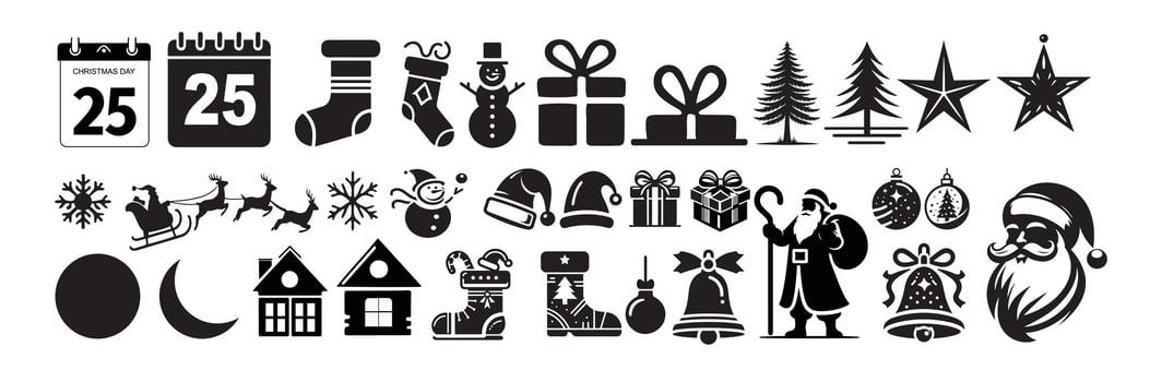 Festive Christmas icon set of elements silhouettes of pine trees Santa hats snowflakes stars reindeer ornaments and gifts boxs. Includes angels bells snowmen and holiday symbols flat design vector