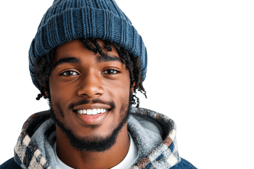 Smiling young man wearing a blue beanie and jacket png