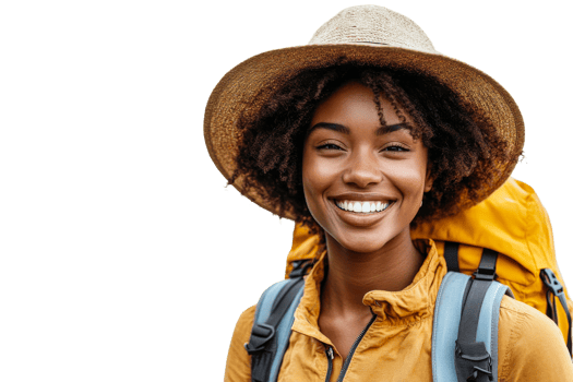 Smiling traveler with backpack and straw hat png