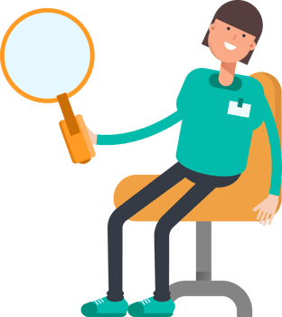 Woman Staff Character Sitting and Holding Magnifier png
