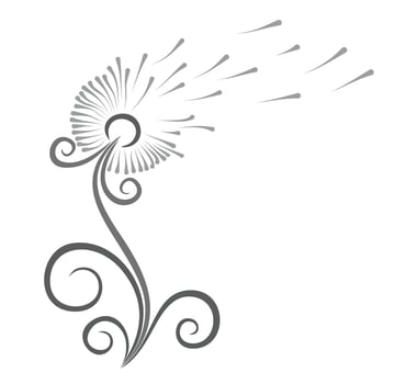 Stylized flower field with dandelion seeds flying. vector