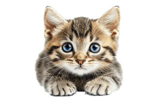 Cute tabby kitten lying with curious blue eyes png
