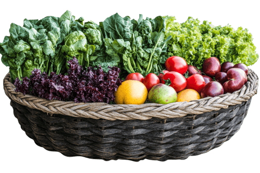 Freshly harvested vegetables in a woven basket on display png