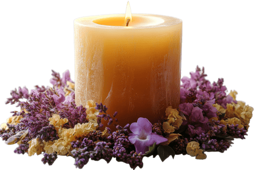 Candle surrounded by colorful flowers for relaxation png