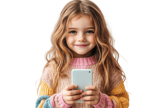 Little girl holding a smartphone with a smile png