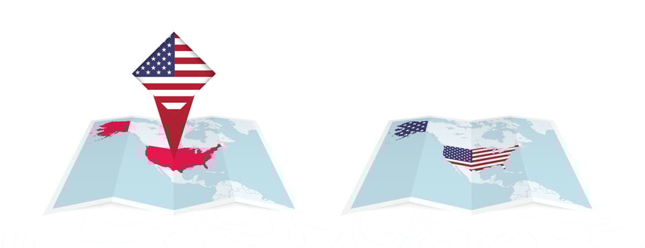 Two versions of an USA folded map, one with a pinned country flag and one with a flag in the map contour. Template for both print and online design. vector